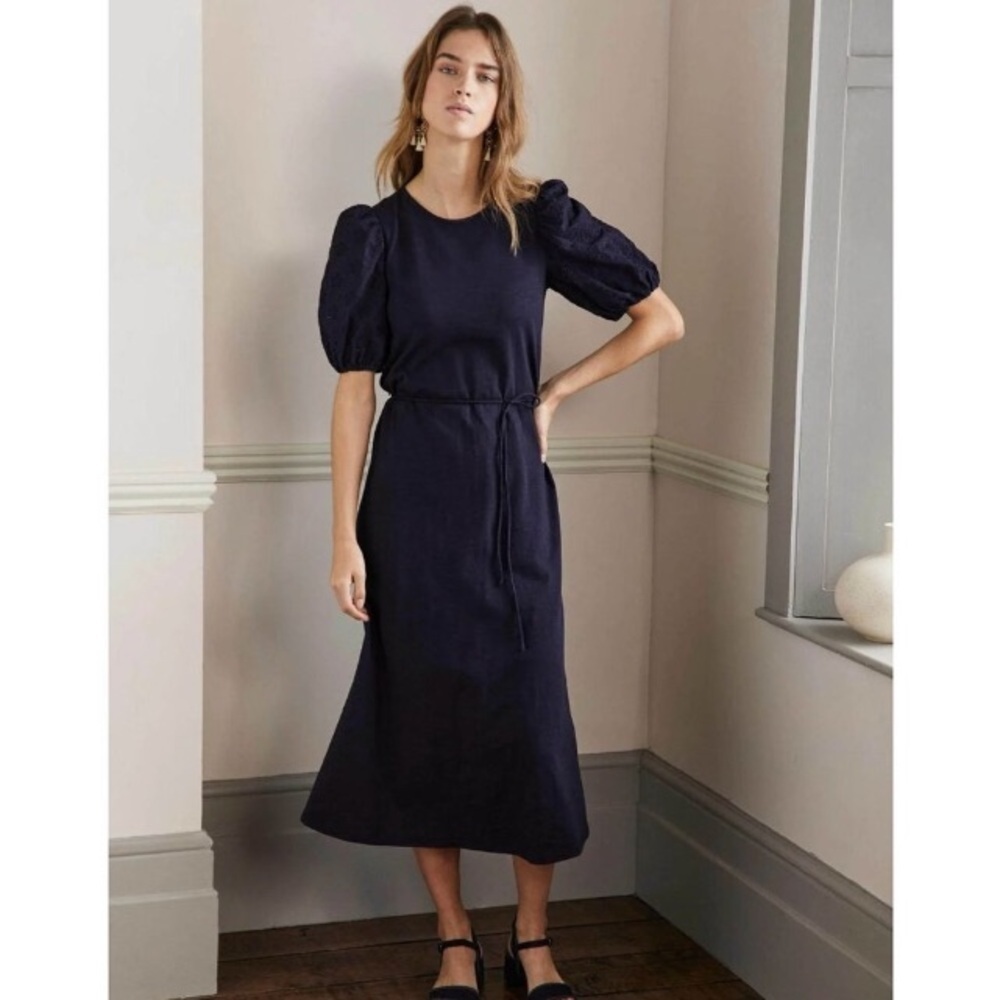 Boden Broderie Mix Jersey Midi Dress 12 Navy Blue Cotton Eyelet Puff Sleeves - Picture 1 of 13